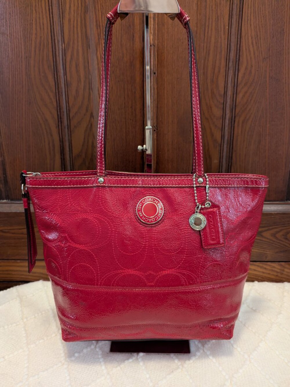 Coach Signature Striped Stitch Red Patent Leather Tote F19198 - Picture 2 of 12